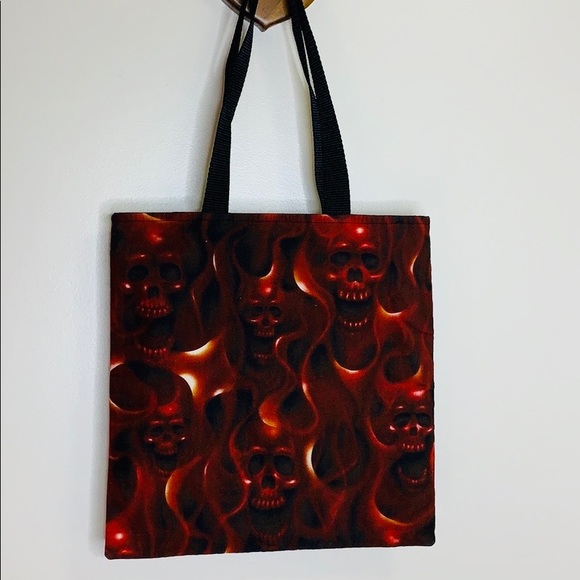 Handbags - Fire Flame Skull Tote Bag Cotton Screaming Skulls | Punk Retro | Lunch Tote